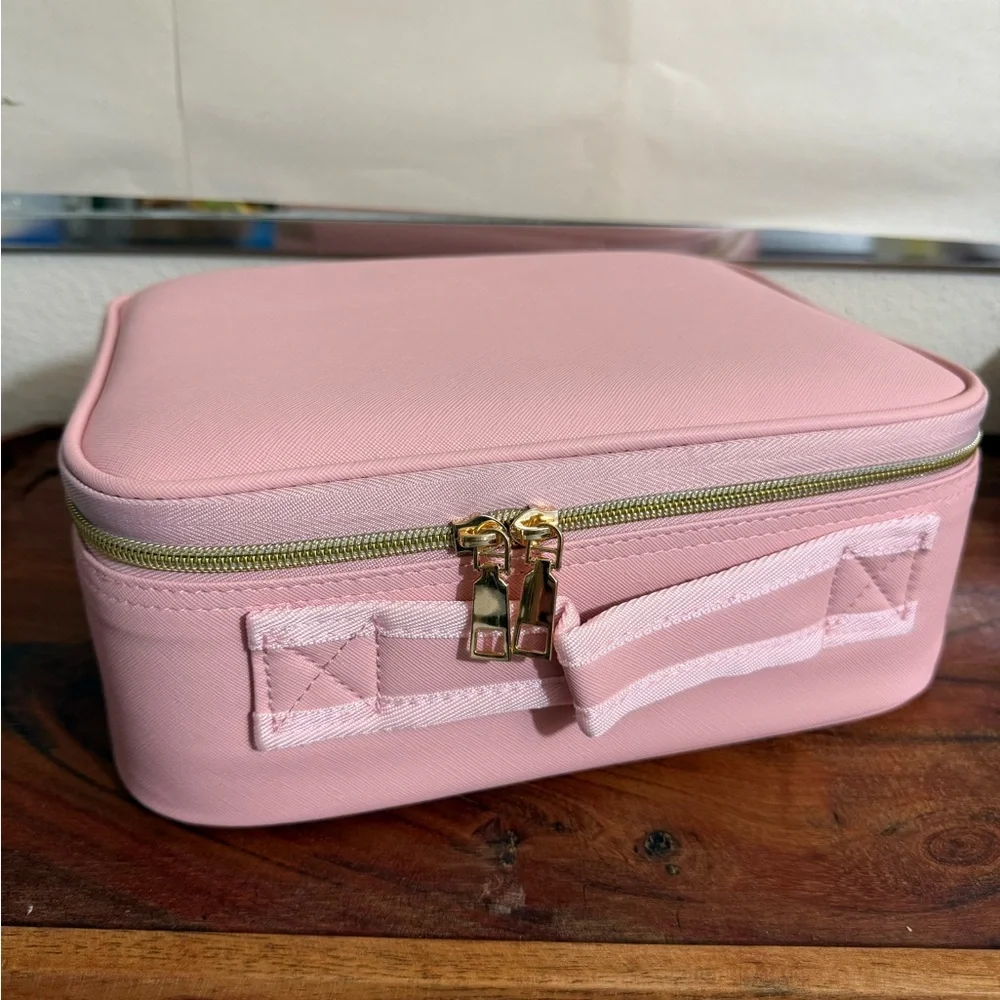 Cosmetic Storage Bag With LED Light Partition Organizer Large Travel Pink